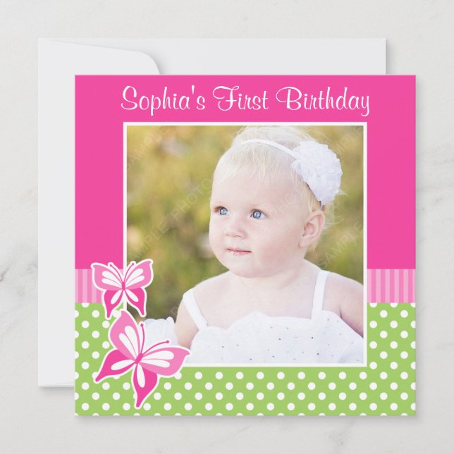 Invitation Photo rose d'anniversaire de point de polka de (Devant)