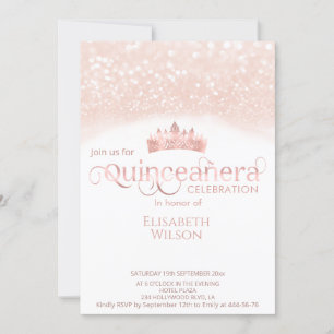 Invitation Photo Rose en or glittery tiara Quinceañera