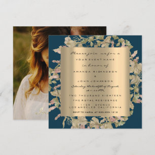 Invitation Photo Rose Engagement Couronne Fleurie Or Navy