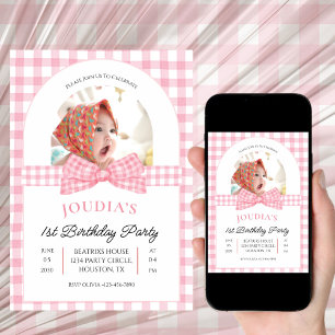 Invitation Photo rose et blanc Anniversaire d'un an minimalis