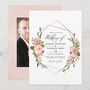 Invitation Photo Rose géométrique Gold et rose vif Mariage