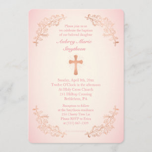 Invitation photo Rose Gold Cross Pink Baptism