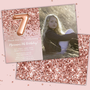 Invitation Photo Rose Gold Fête d'anniversaire de fille 7 ans