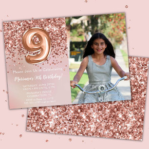 Invitation Photo Rose Gold Fête d'anniversaire de fille de 9