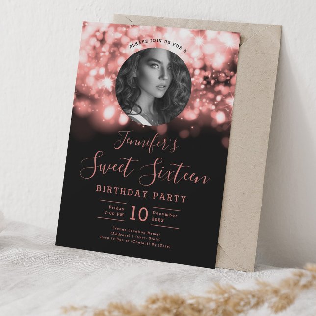 Invitation PHOTO Rose Gold Hollywood Lights Sweet 16 Party (PHOTO Rose Gold Hollywood Lights Sweet 16 Party Invitation)