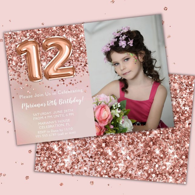 Invitation Photo Rose Gold Kids Girl 12e fête d'anniversaire (Créateur téléchargé)