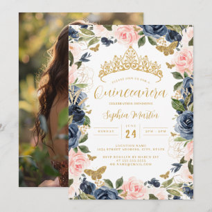 Invitation Photo Rose Gold Navy Floral Papillon Quinceanera 
