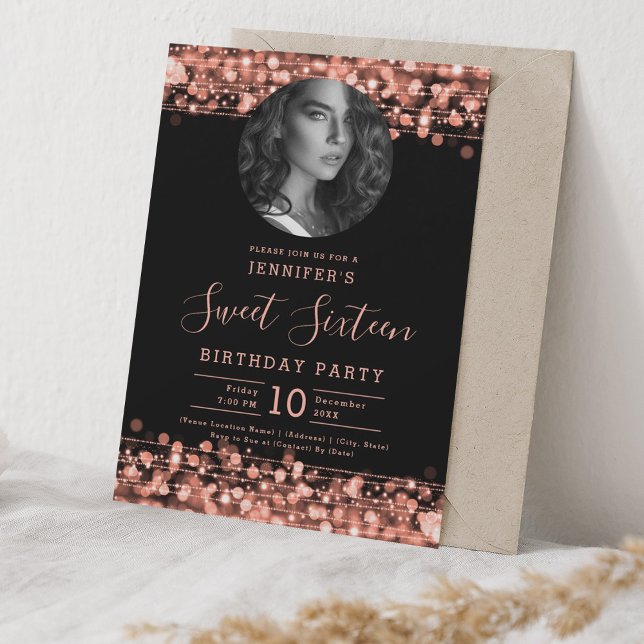 Invitation PHOTO Rose Gold Sparkles Sweet 16 Anniversaire (PHOTO Rose Gold Sparkles Sweet 16 Birthday Party Invitation)