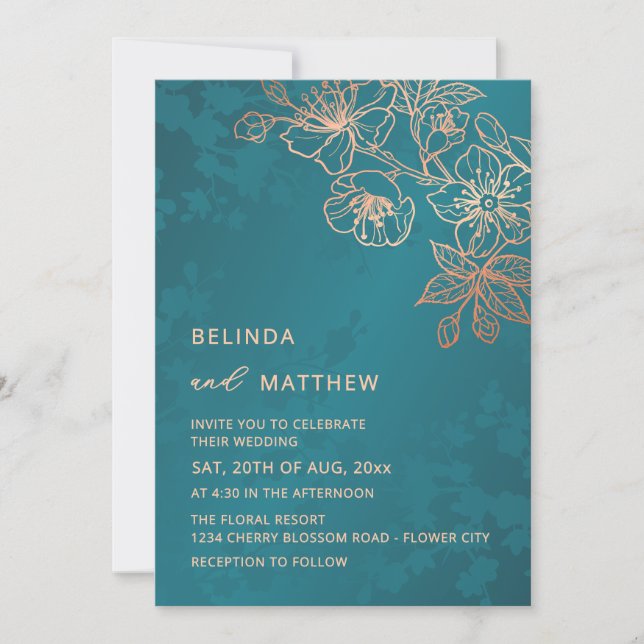 Invitation Photo Rose Gold Teal Wedding (Devant)