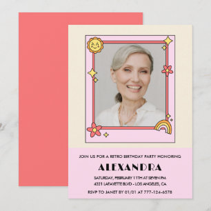 Invitation Photo rose rétro années 70 groovy 77e anniversaire