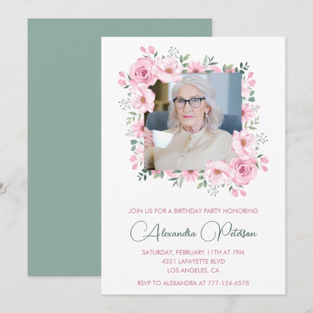 Invitation Photo rose vert Cadre floral 94e anniversaire (Devant / Derrière)