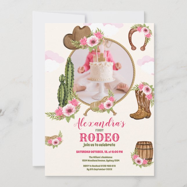 Invitation Photo Rose Western Premier Anniversaire Rodéo bébé (Devant)