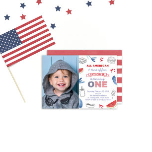 Invitation Photo Rouge Blanc et Bleu Anniversaire 1 an Tout-A