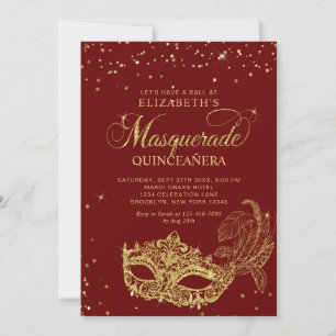Invitation Photo Rouge Or Paillettes Masquerade Quinceañera