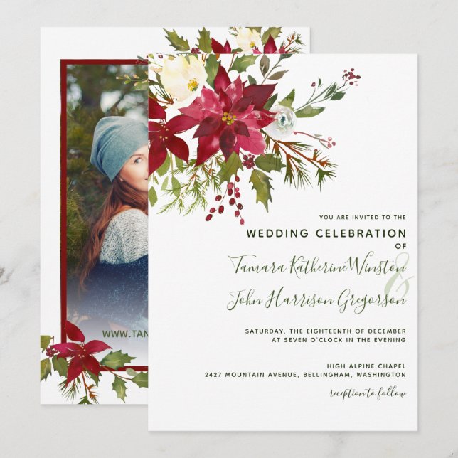 Invitation Photo Rouge Poinsettia Mariage de Noël (Devant / Derrière)