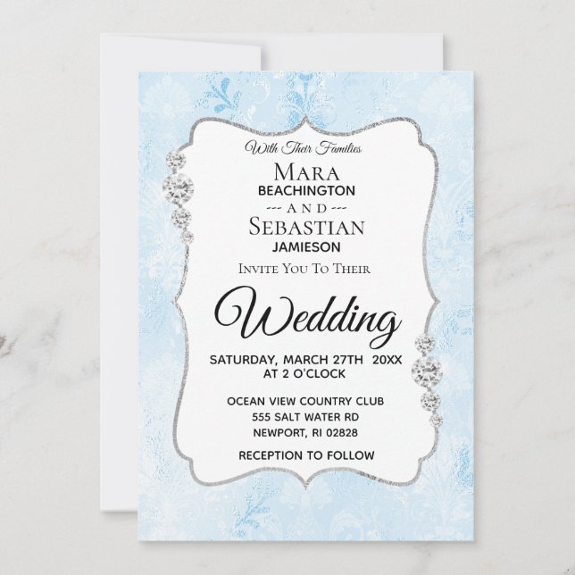 Invitation *~* Photo + RSVP + QR Diamant Mariage damassé Invi (Devant)