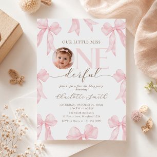 Invitation Photo Ruban Rose Little Miss Onederful 1er Anniver