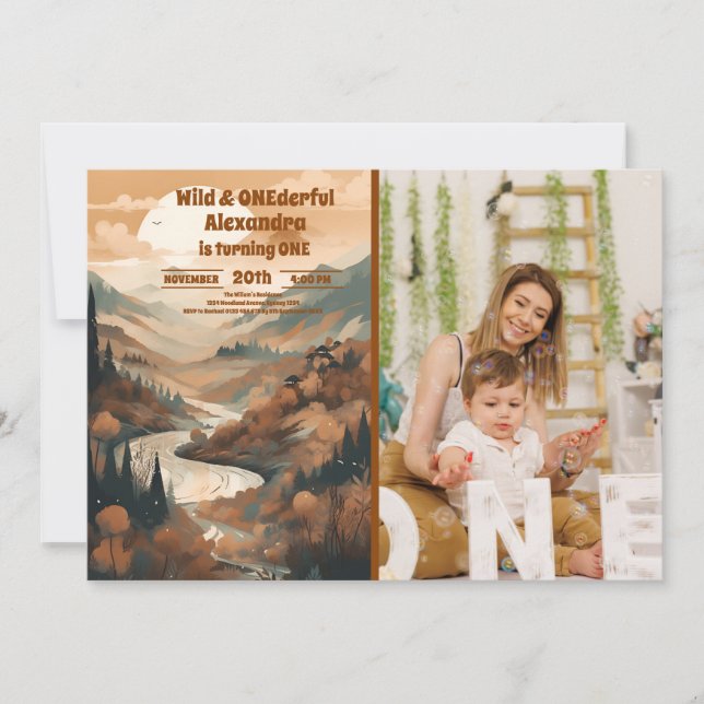 Invitation Photo Rustic Mountain Forest 1er anniversaire (Devant)