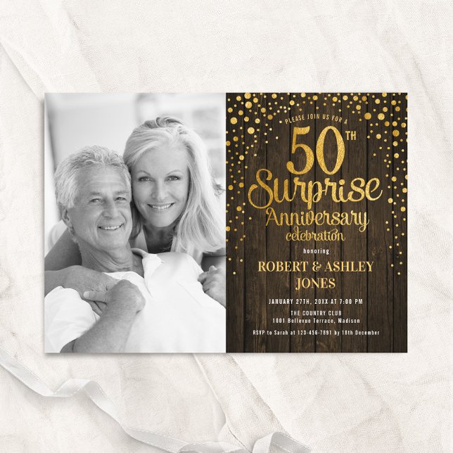 Invitation Photo Rustique Bois Doré Surprise 50e Anniversaire (Créateur téléchargé)
