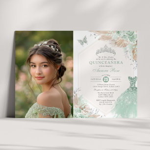 Invitation Photo Sage Green Silver Quinceañera 15e anniversai