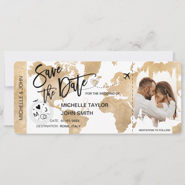 Invitation Photo Save the Date Boarding Pass World Map (Devant)