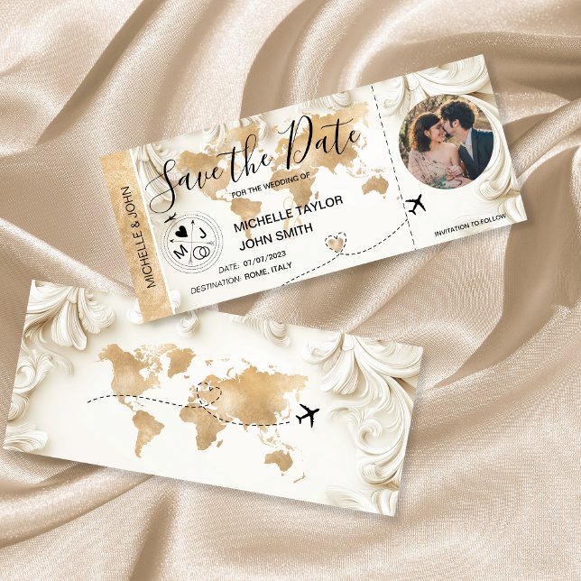 Invitation Photo Save the Date Boarding Pass World Map (Créateur téléchargé)