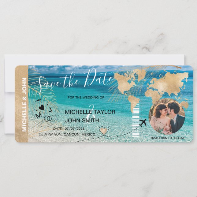 Invitation Photo Save the Date Boarding Pass World Map Beach (Devant)