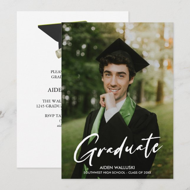 Invitation Photo Script moderne Black Casquette Party Graduat (Devant / Derrière)