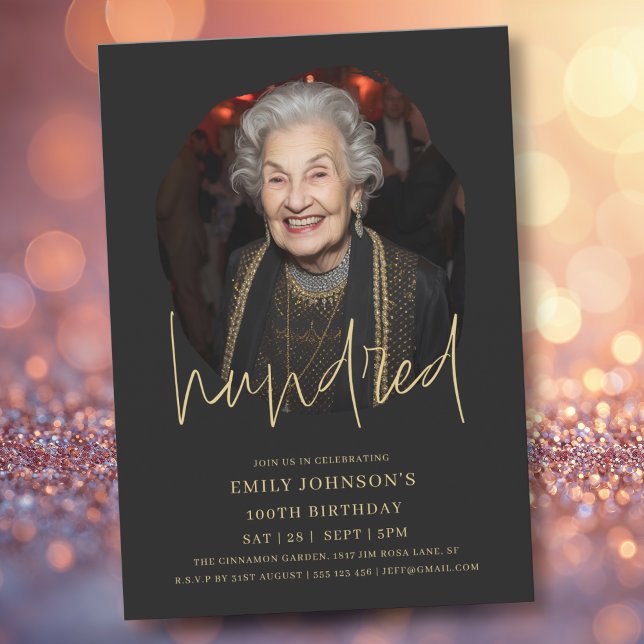 Invitation Photo Script noir et or 100e anniversaire (Photo Black and Gold Script 100th Birthday Invitation)