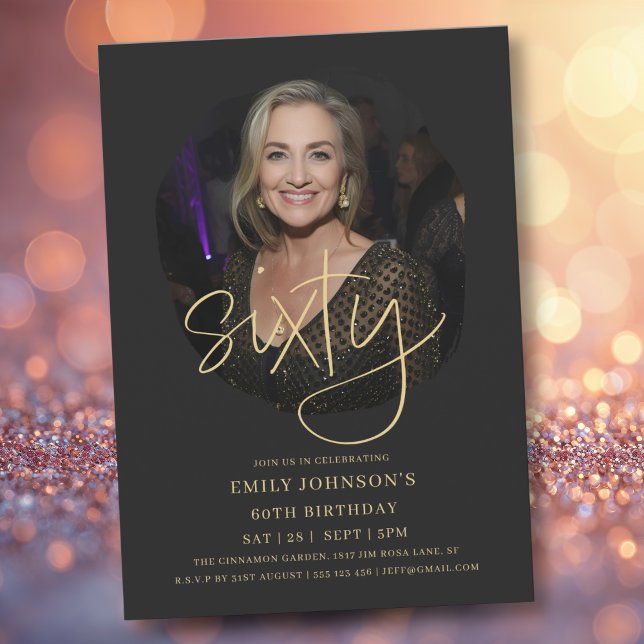 Invitation Photo Script noir et or 60e anniversaire (Photo Black and Gold Script 60th Birthday Invitation)