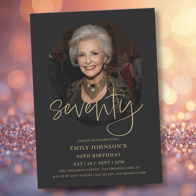 Invitation Photo Script noir et or 70e anniversaire (Photo Black and Gold Script 70th Birthday Invitation)