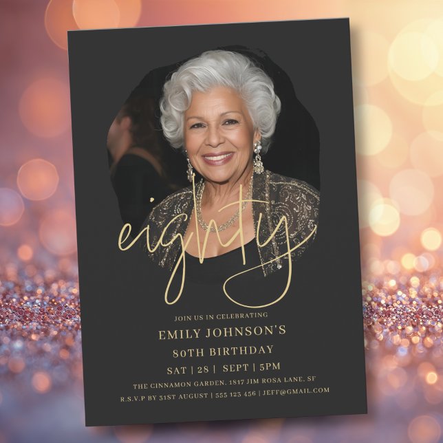 Invitation Photo Script noir et or 80e anniversaire (Photo Black and Gold Script 80th Birthday Invitation)