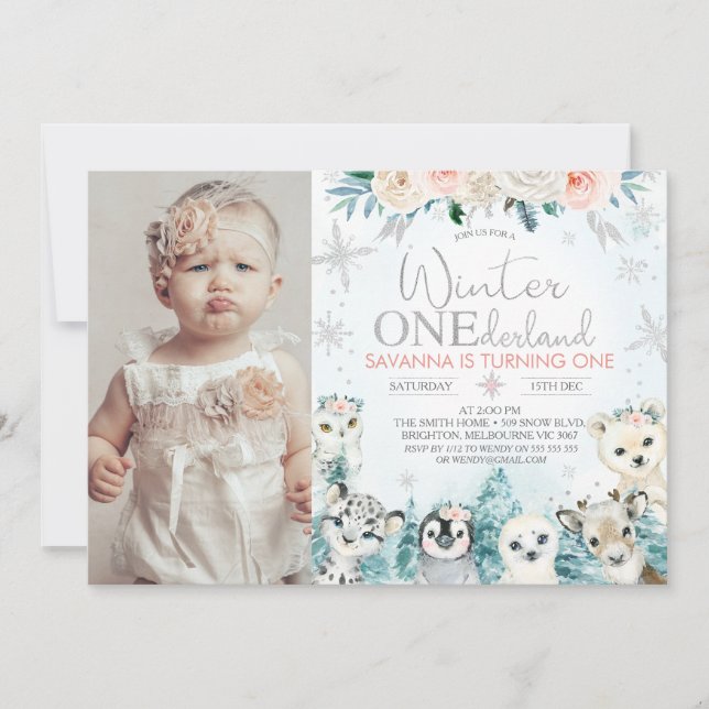 Invitation Photo Silver Arctic Winter Onederland Anniversaire (Devant)