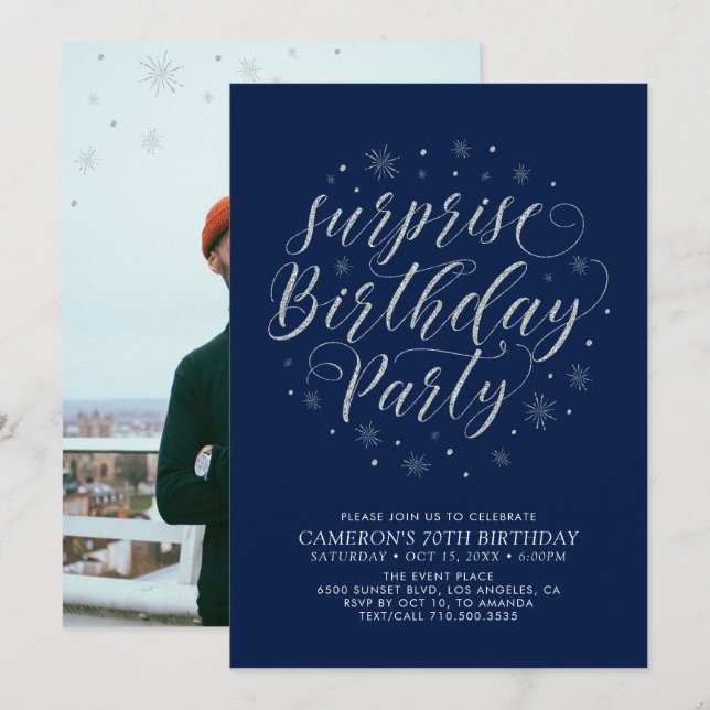 Invitation Photo Silver Surprise moderne Fête d'anniversaire  (Devant / Derrière)