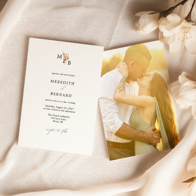 Invitation Photo simple couleur Mariage du monogramme floral (Créateur téléchargé)