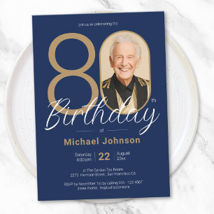 Invitation Photo simple personnalisée Gold Marine Blue 80e an