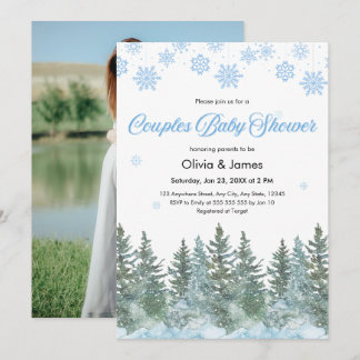 Invitation Photo Snowflakes Pine Winter Couples Baby Shower 