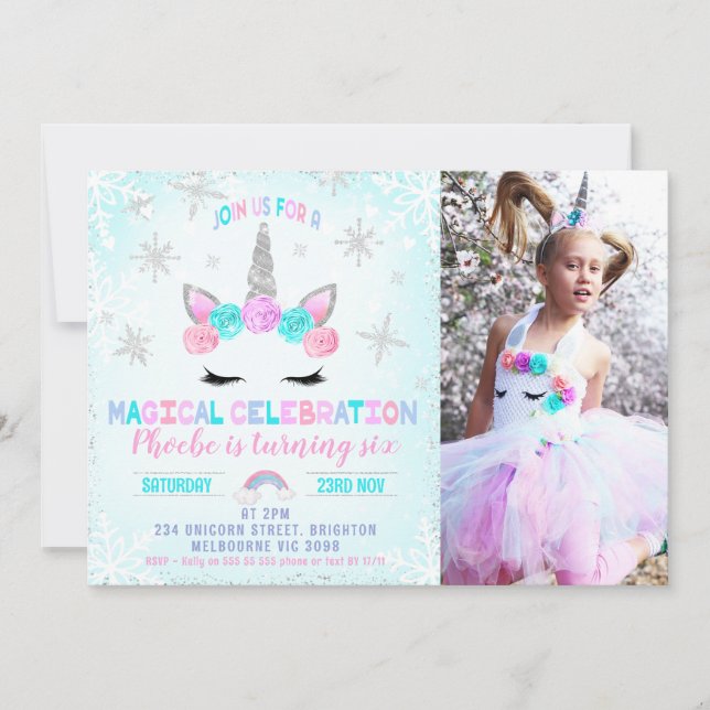Invitation Photo Snowflakes Winter Unicorn Visage Anniversair (Devant)