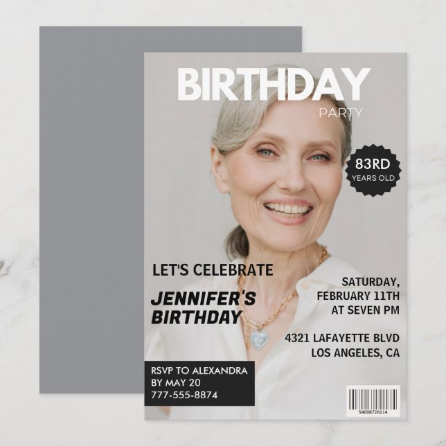 Invitation Photo Stylish Magazine Couverture pour son 83e ann (Devant / Derrière)