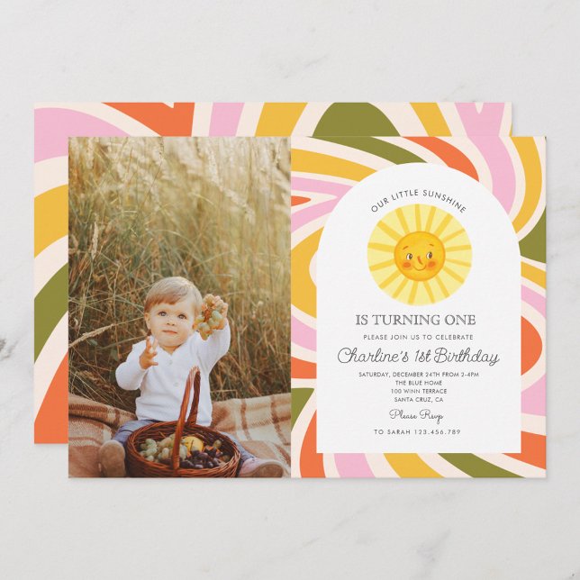 Invitation Photo Sun Rainbow Retro Boho Wavy 1er anniversaire (Créateur téléchargé)