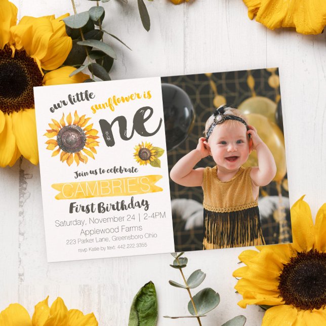 Invitation photo Sunflower First Birthday (Créateur téléchargé)
