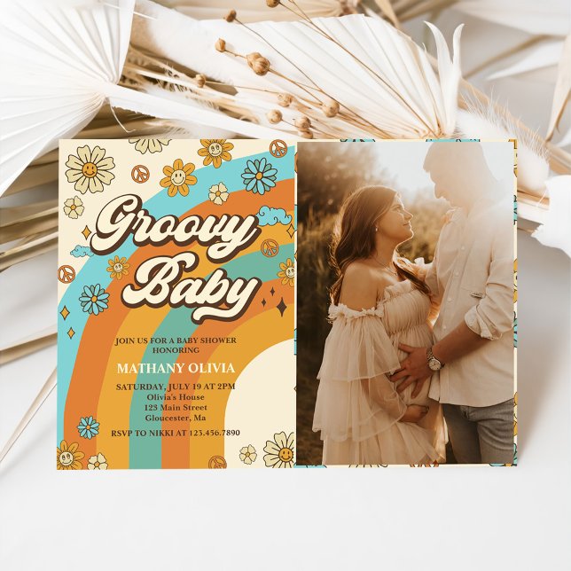 Invitation Photo super Baby Retro Rainbow Baby shower Party (Créateur téléchargé)