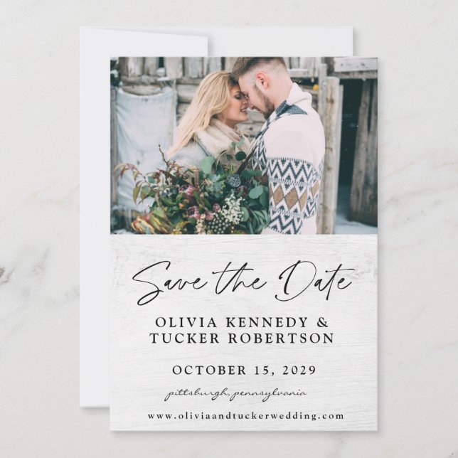 Invitation Photo sur Wood Rustic Enregistrer la date Invitati (Devant)