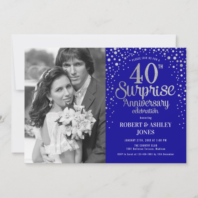 Invitation Photo Surprise 40e anniversaire - Argent bleu (Devant)