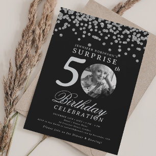 Invitation Photo SURPRISE 50e Anniversaire Confettis Argentés