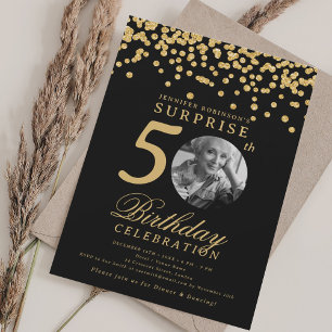 Invitation Photo SURPRISE 50e Anniversaire Confettis Dorés No