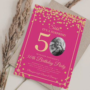 Invitation Photo SURPRISE 50e Anniversaire Paillettes Rose Ch