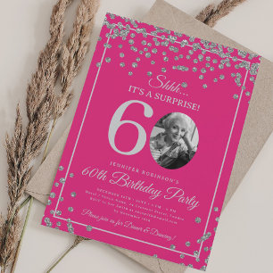 Invitation Photo SURPRISE 60e Anniversaire Argent Rose Chaud
