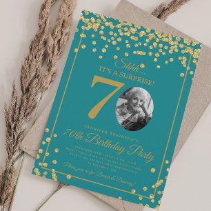 Invitation Photo SURPRISE 70 Anniversaire Paillettes Turquois