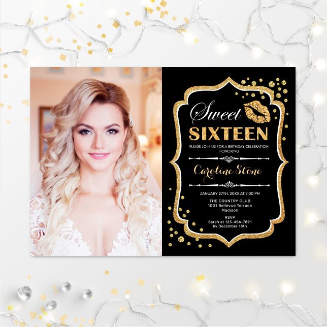 Invitation Photo Sweet 16 Anniversaire - Gold Black Kiss (Créateur téléchargé)